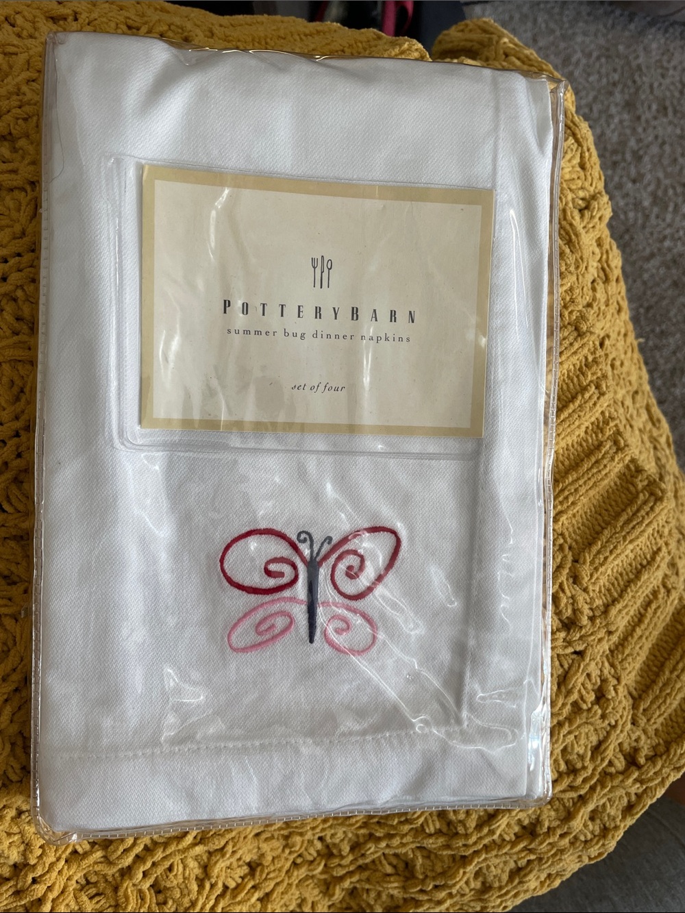 Pottery Barn White Embroidered Butterfly Dinner Napkins - Set of Four New